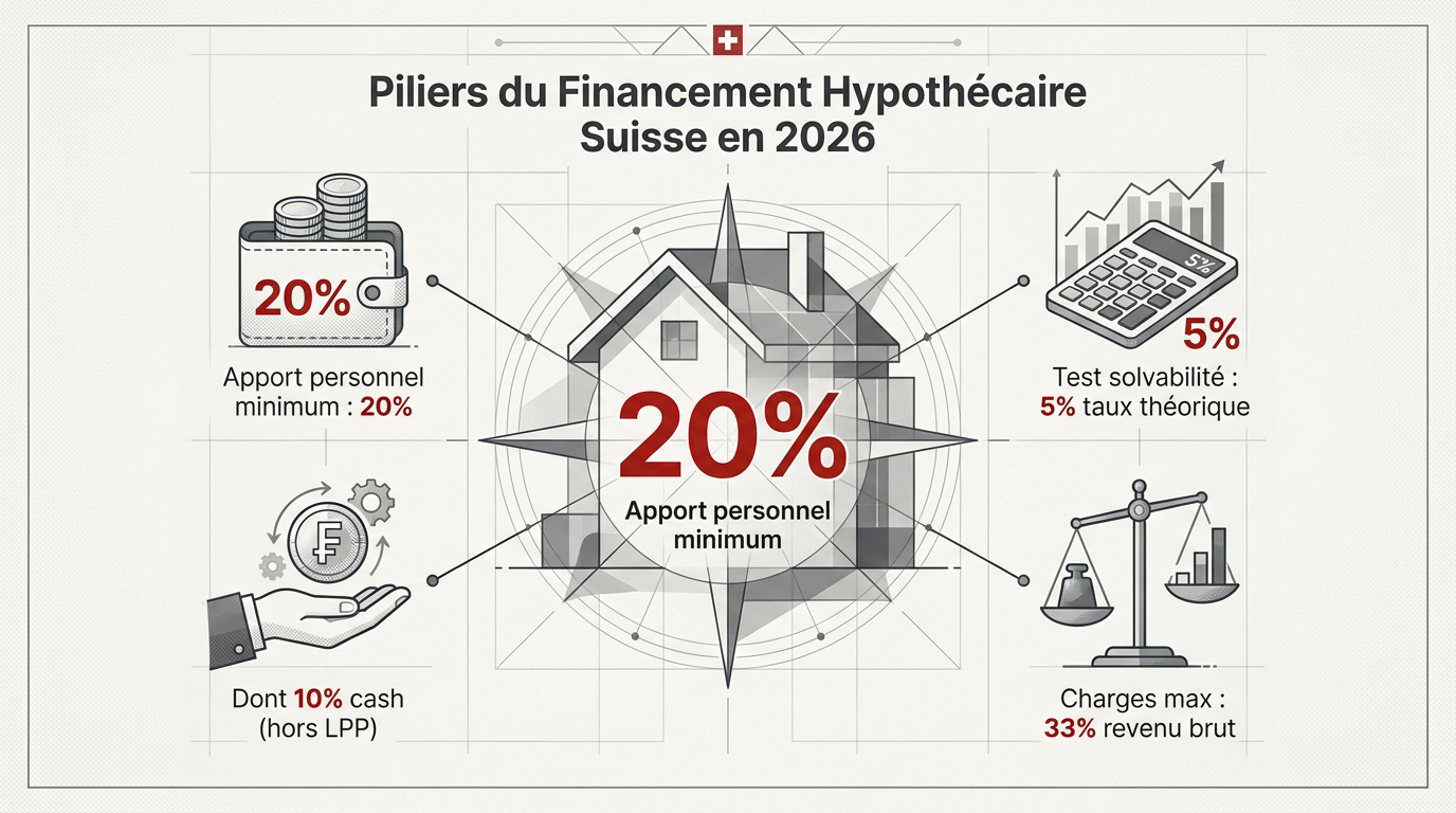 Graphique illustrant les piliers du financement hypothécaire en Suisse incluant apport personnel et taux théorique
