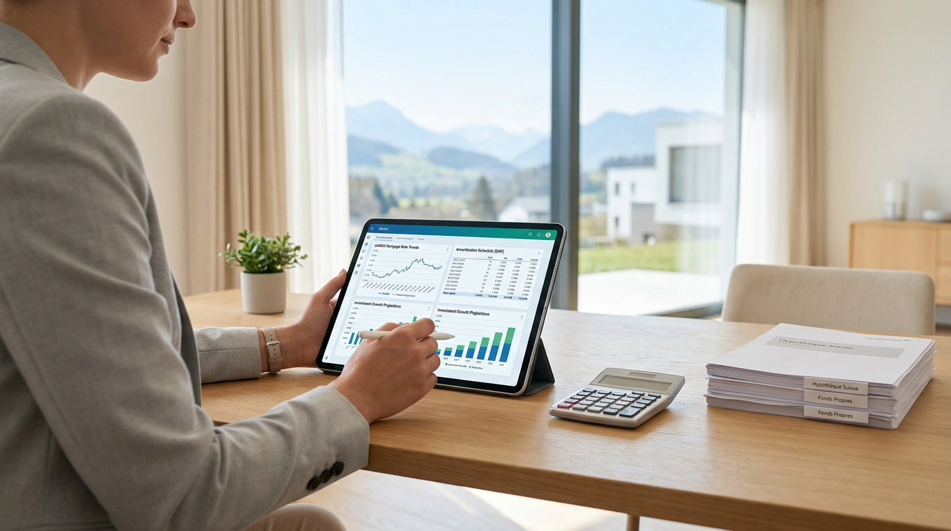 Une professionnelle utilise une tablette numérique pour analyser des graphiques financiers liés à une hypothèque suisse.