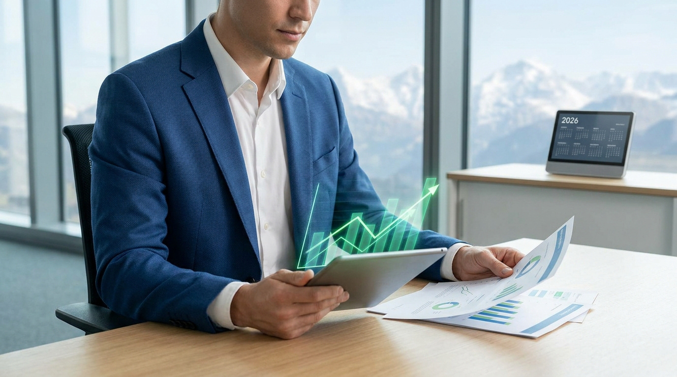 Homme d'affaires en costume bleu travaillant sur une tablette avec un graphique financier en hologramme devant des montagnes.