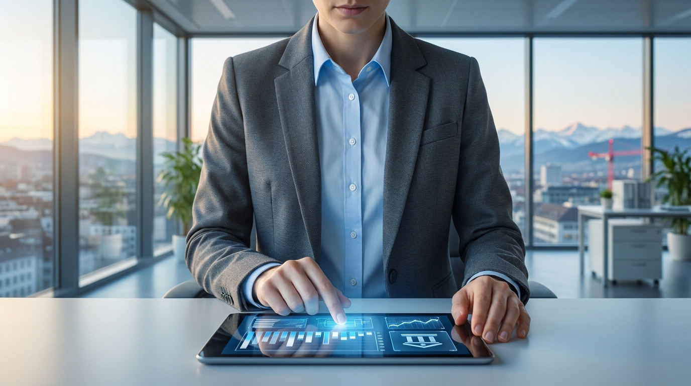 Professionnel en costume utilisant une tablette avec des graphiques financiers dans un bureau avec vue sur les Alpes.