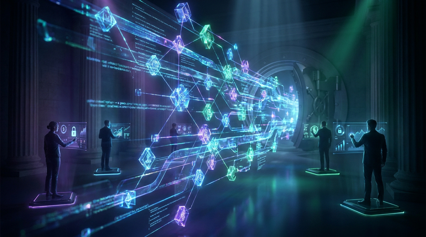Quatre personnes interagissent avec un réseau blockchain lumineux dans un environnement de coffre-fort numérique, symbolisant la finance décentralisée.