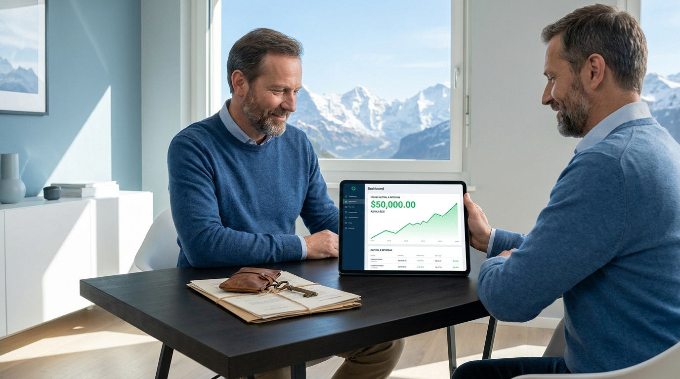 Deux hommes consultent un tableau de bord financier sur tablette, montrant une croissance. Des documents anciens et une clé sont sur la table.