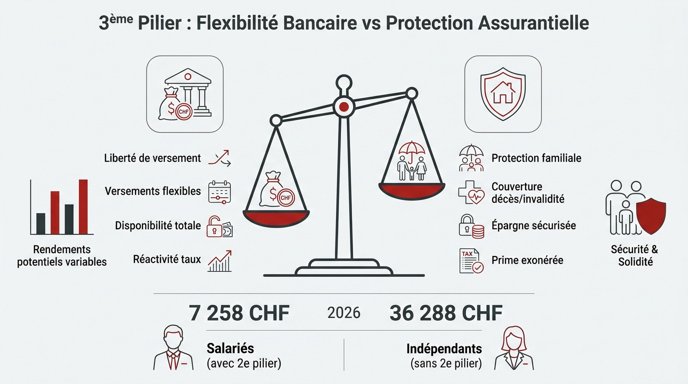 Comparaison entre la flexibilité du 3ème pilier bancaire et la sécurité de l'assurance en Suisse