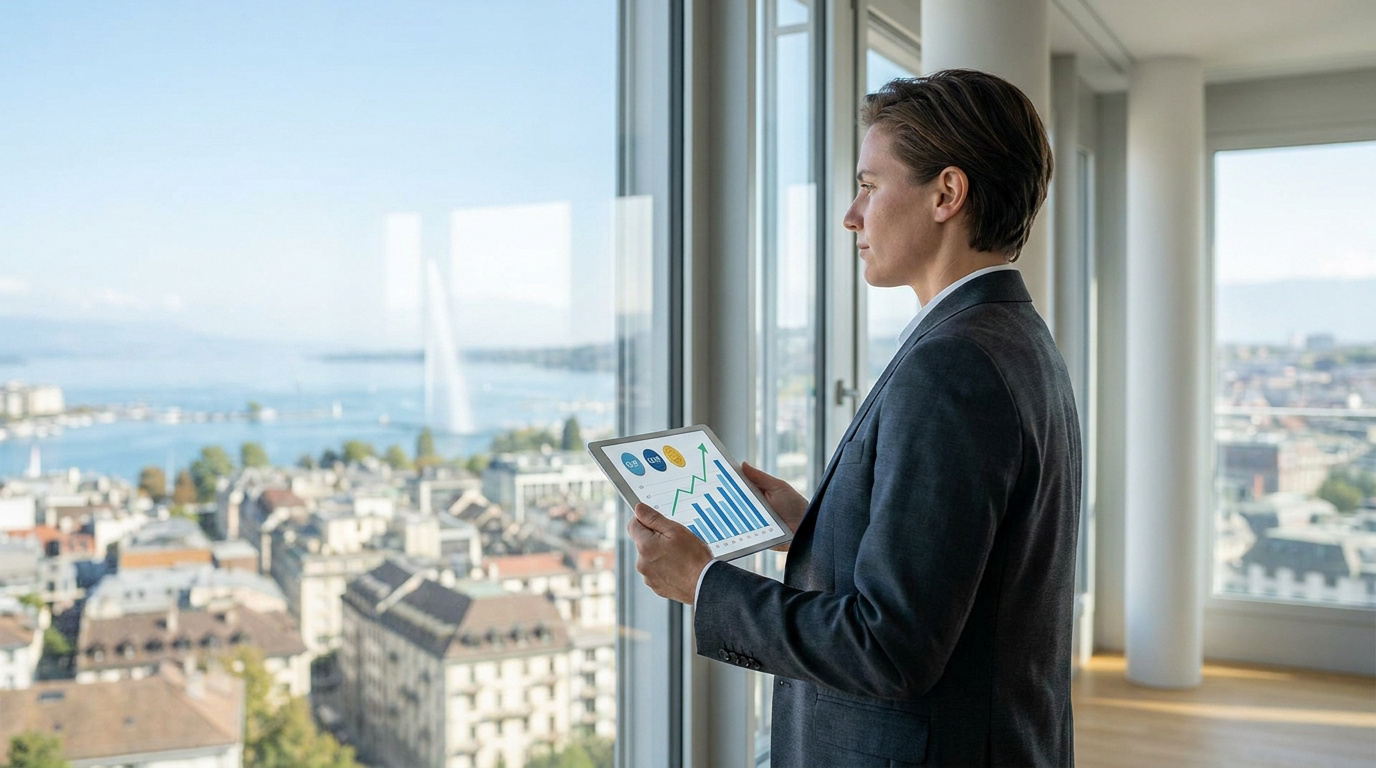 Professionnel en costume consultant un graphique financier sur tablette face à une vue panoramique sur Genève.