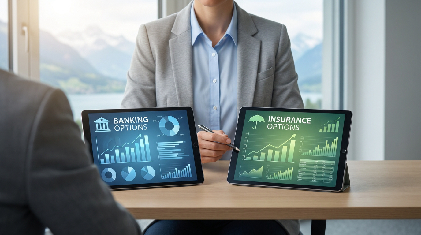 Un conseiller financier présente des options bancaires et d'assurance sur deux tablettes lors d'un rendez-vous.
