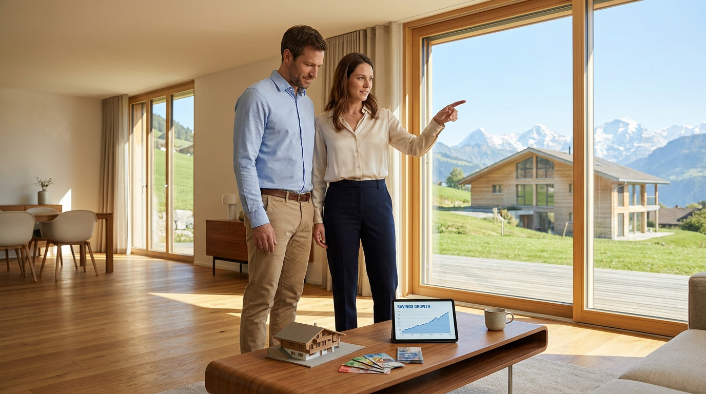 Couple suisse planifiant un achat immobilier avec des graphiques d'épargne et une maquette de maison devant les Alpes.