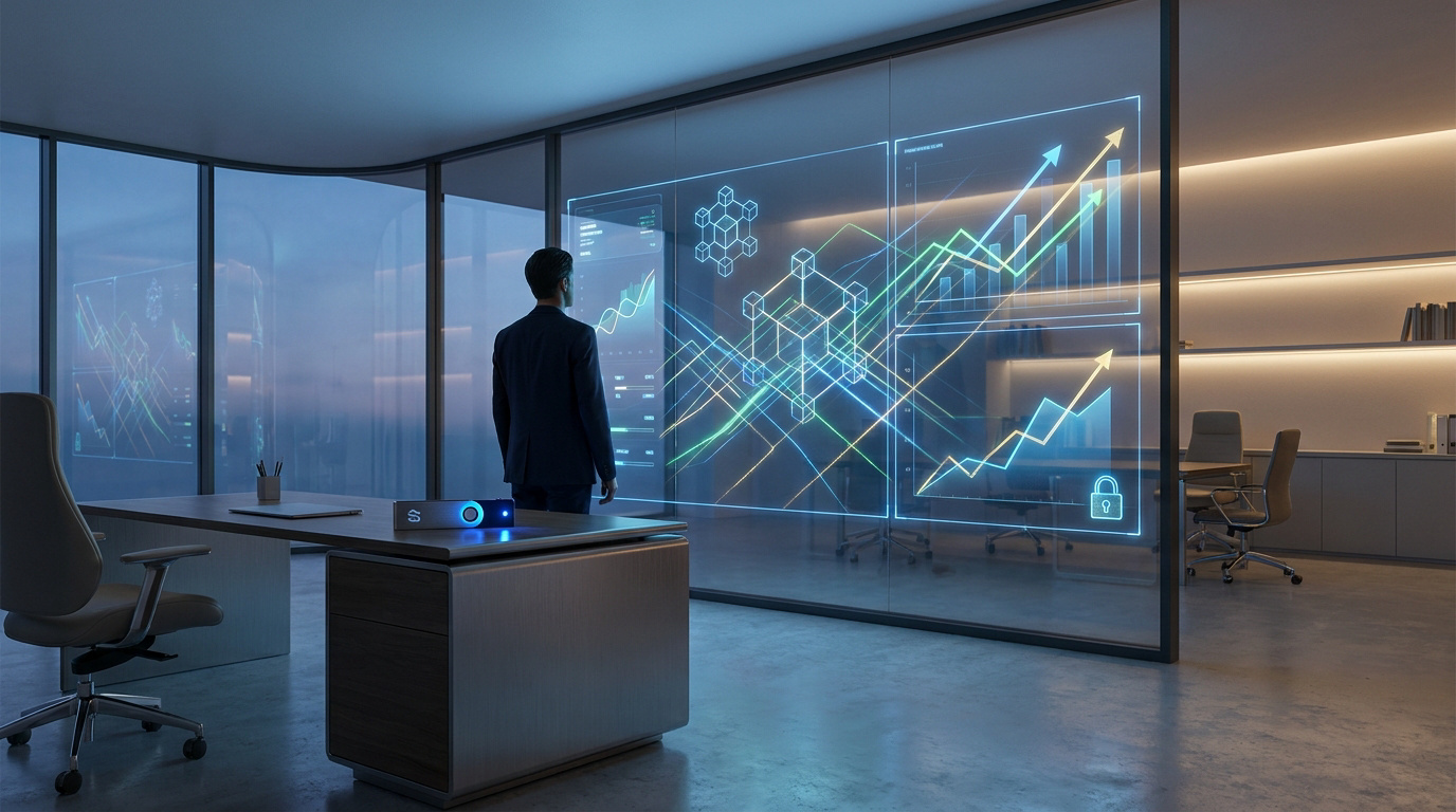Un homme en costume observe des graphiques holographiques complexes de cryptomonnaies sur une paroi vitrée de bureau.