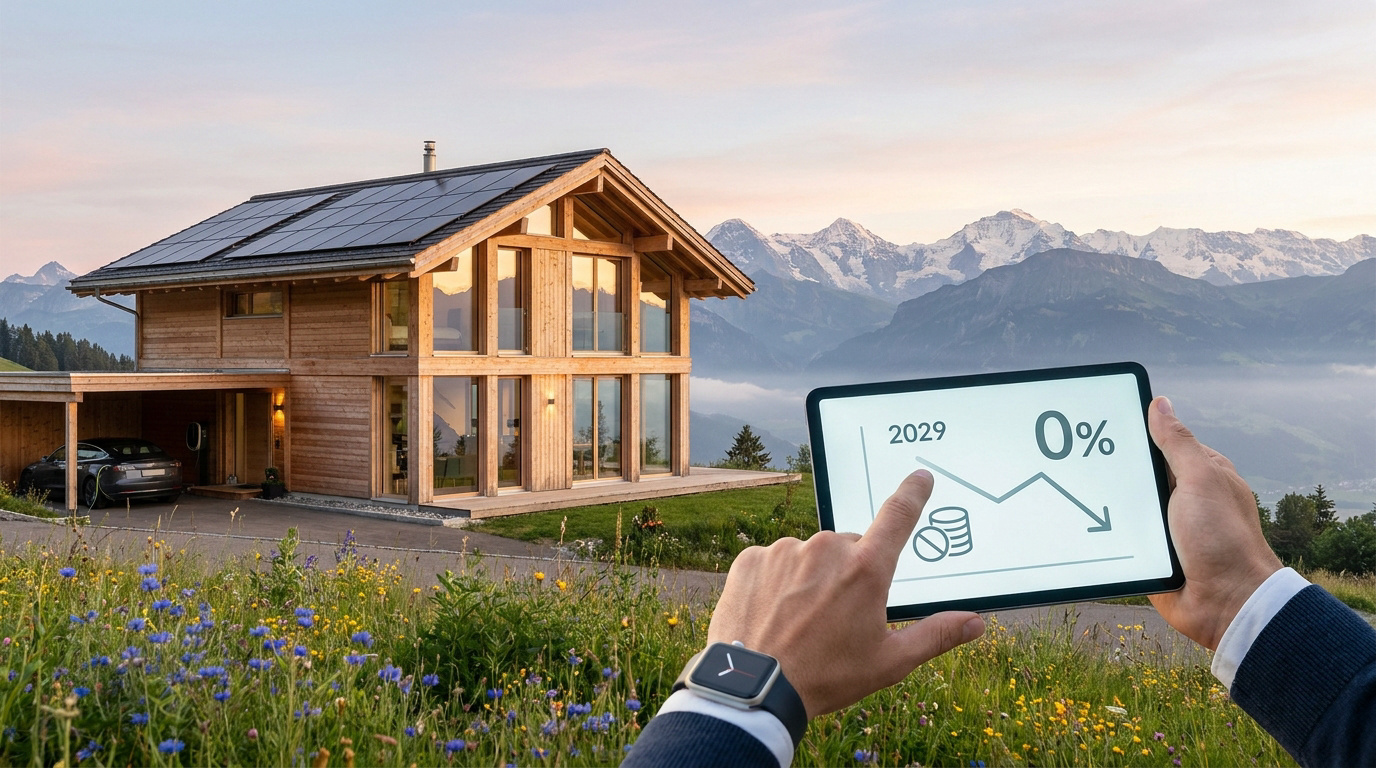 Tablette affichant 0% et 2029 devant une maison moderne en bois et des montagnes enneigées au coucher du soleil.