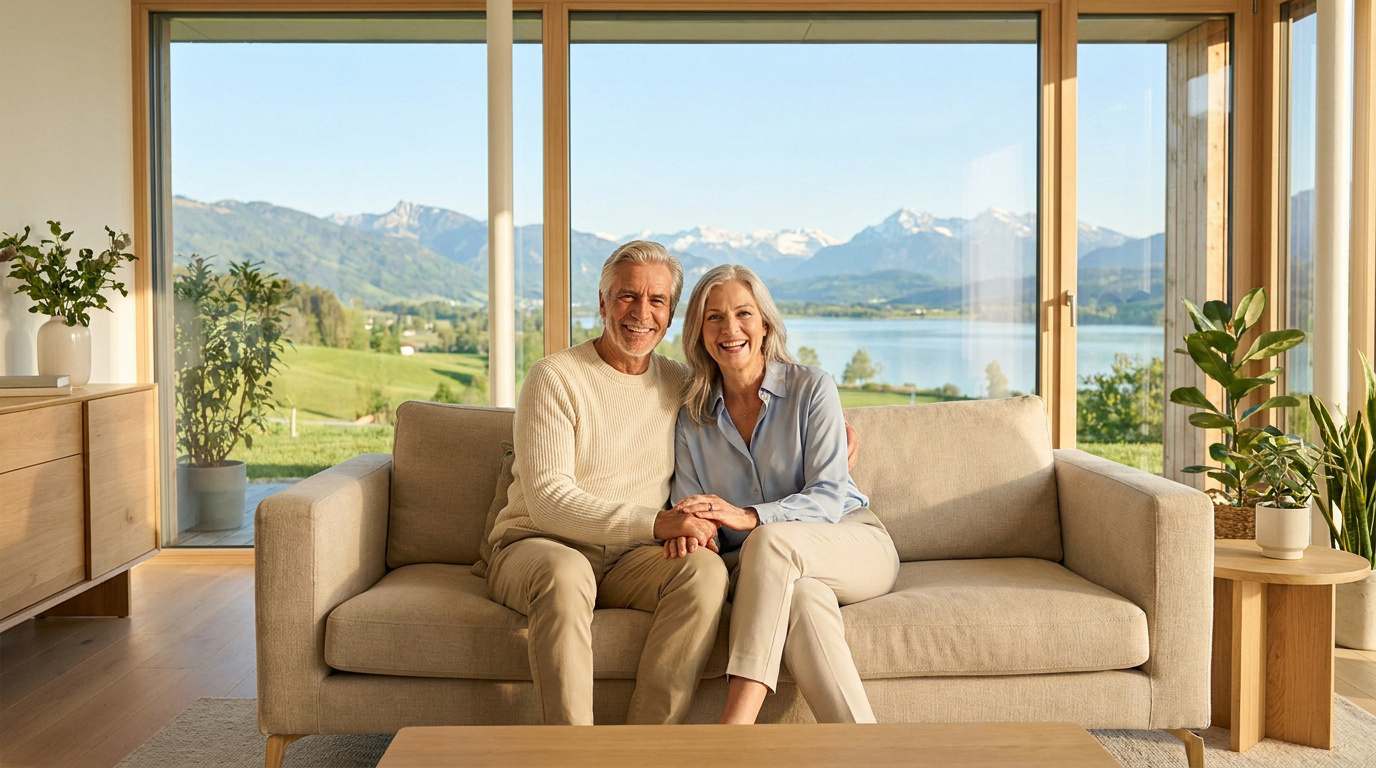 Un couple de seniors souriants assis sur un canapé face à une vue panoramique sur un lac et les montagnes.