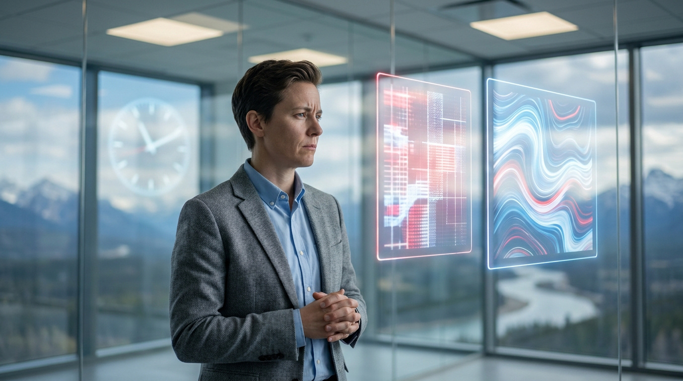 Une personne en costume regarde des interfaces holographiques dans un bureau moderne avec vue sur les montagnes.