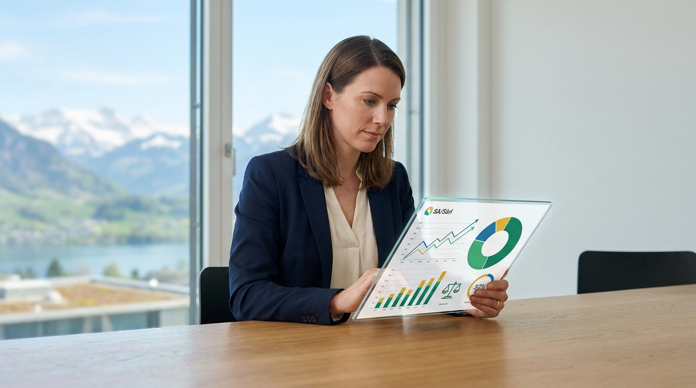 Une femme d'affaires analyse des données financières sur une tablette transparente devant les Alpes suisses.
