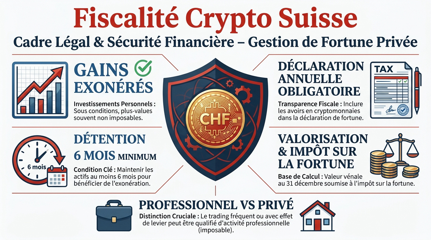 Schéma explicatif de la fiscalité des cryptomonnaies en Suisse concernant les gains et la durée de détention