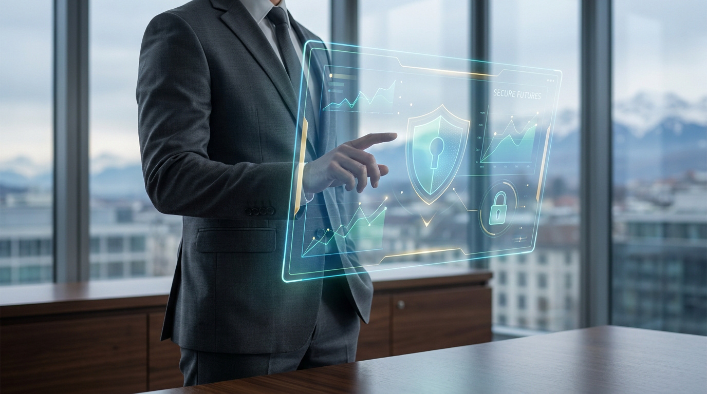 Un homme d'affaires en costume interagit avec une interface numérique holographique affichant des données de sécurité.