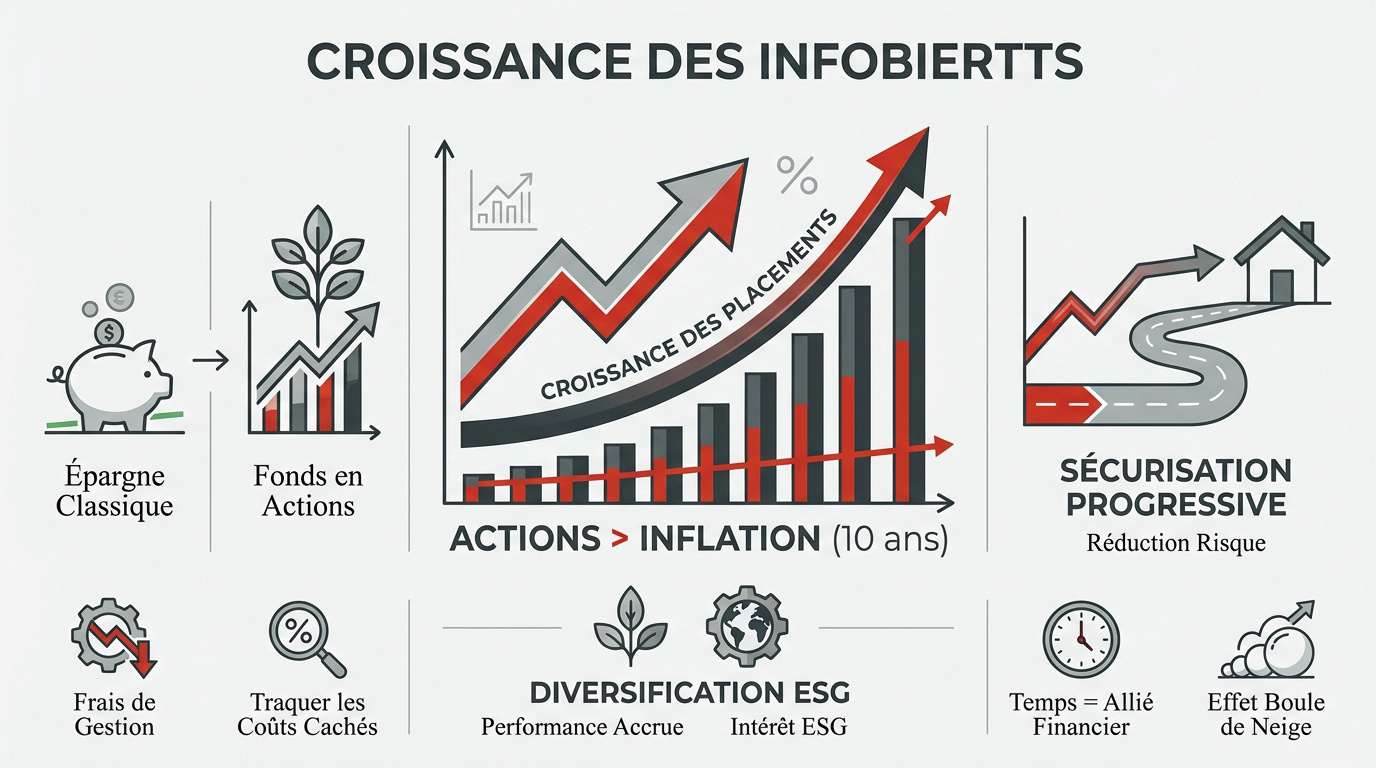 Infographie montrant la croissance comparative des placements sur 10 ans entre épargne et actions