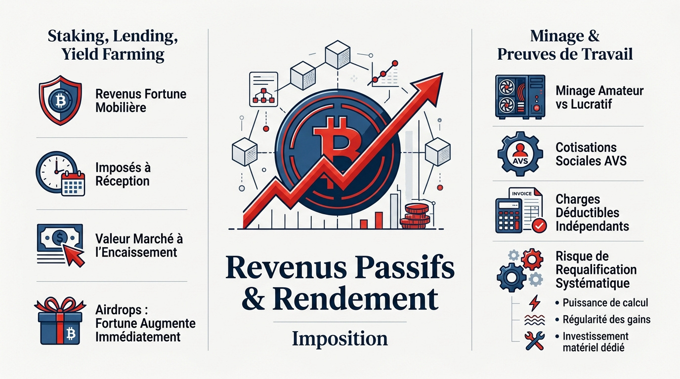 Infographie récapitulative de l'imposition des revenus passifs issus des cryptomonnaies en Suisse