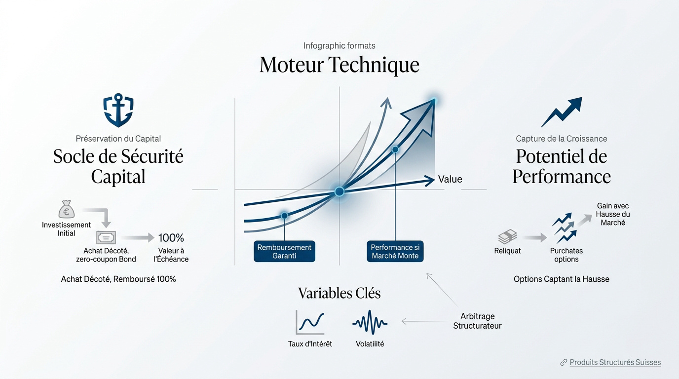 Schéma technique de la composition d'un produit structuré entre protection obligataire et options de performance