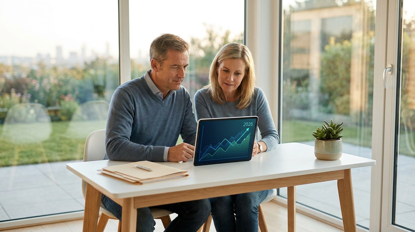 Un couple mature consulte des graphiques financiers en hausse sur une tablette numérique dans un intérieur lumineux.