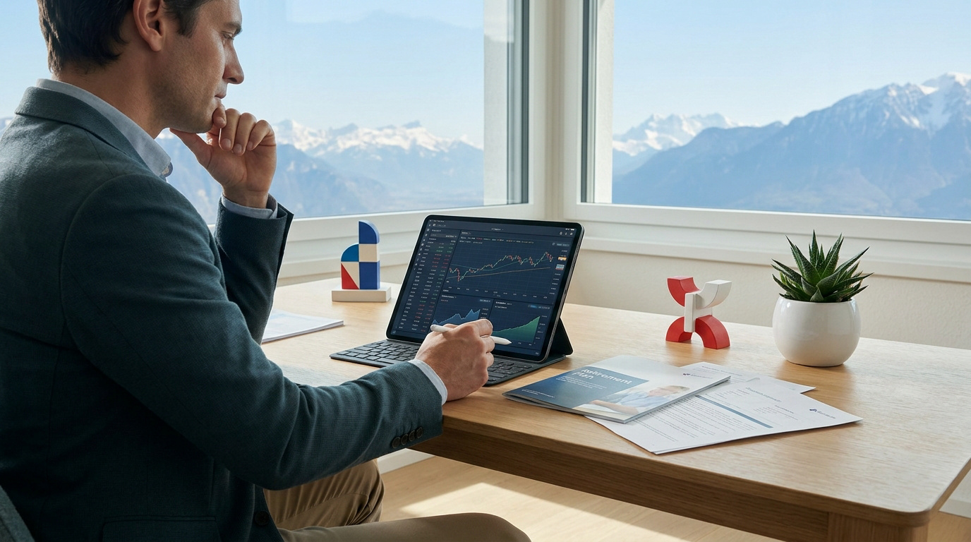 Un homme d'affaires examine des graphiques financiers sur une tablette face à une vue panoramique des Alpes suisses.