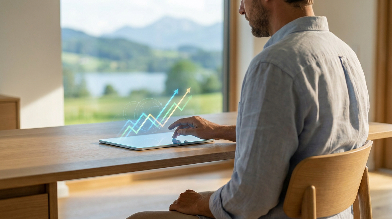 Un homme consulte une tablette affichant des graphiques de croissance financière devant une vue sur un lac et les montagnes.