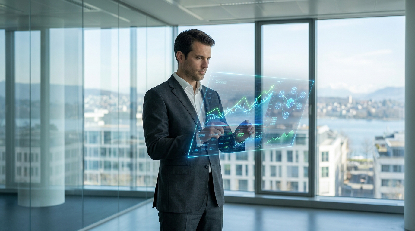 Un homme d'affaires en costume utilisant une interface numérique holographique affichant des données financières et crypto.