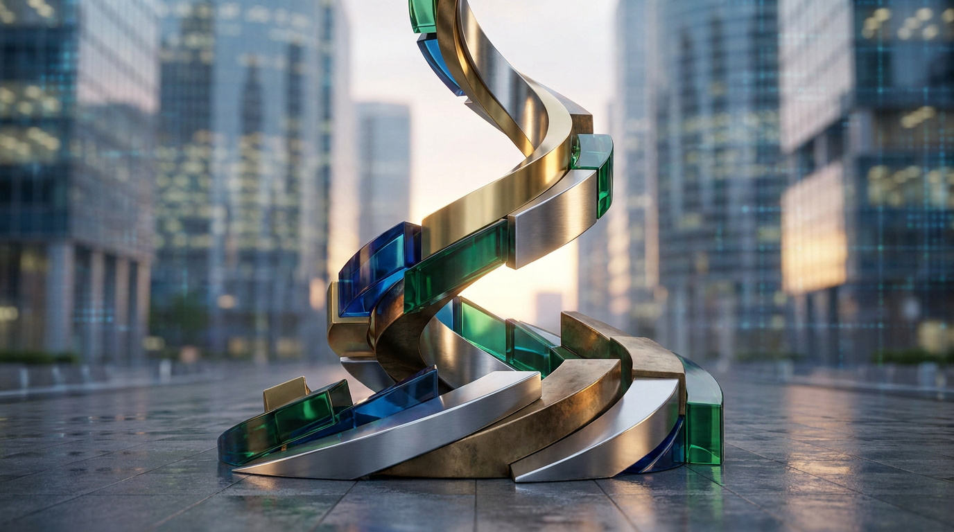 Sculpture en spirale faite de métal et de blocs de verre coloré devant des gratte-ciels dans un quartier d'affaires.