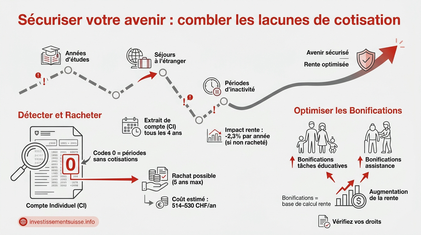 Conseiller financier expliquant comment combler les lacunes de cotisation AVS en Suisse