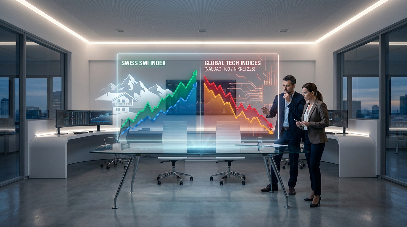 Deux analystes financiers examinant un écran holographique montrant la hausse du SMI face à la baisse des indices tech.