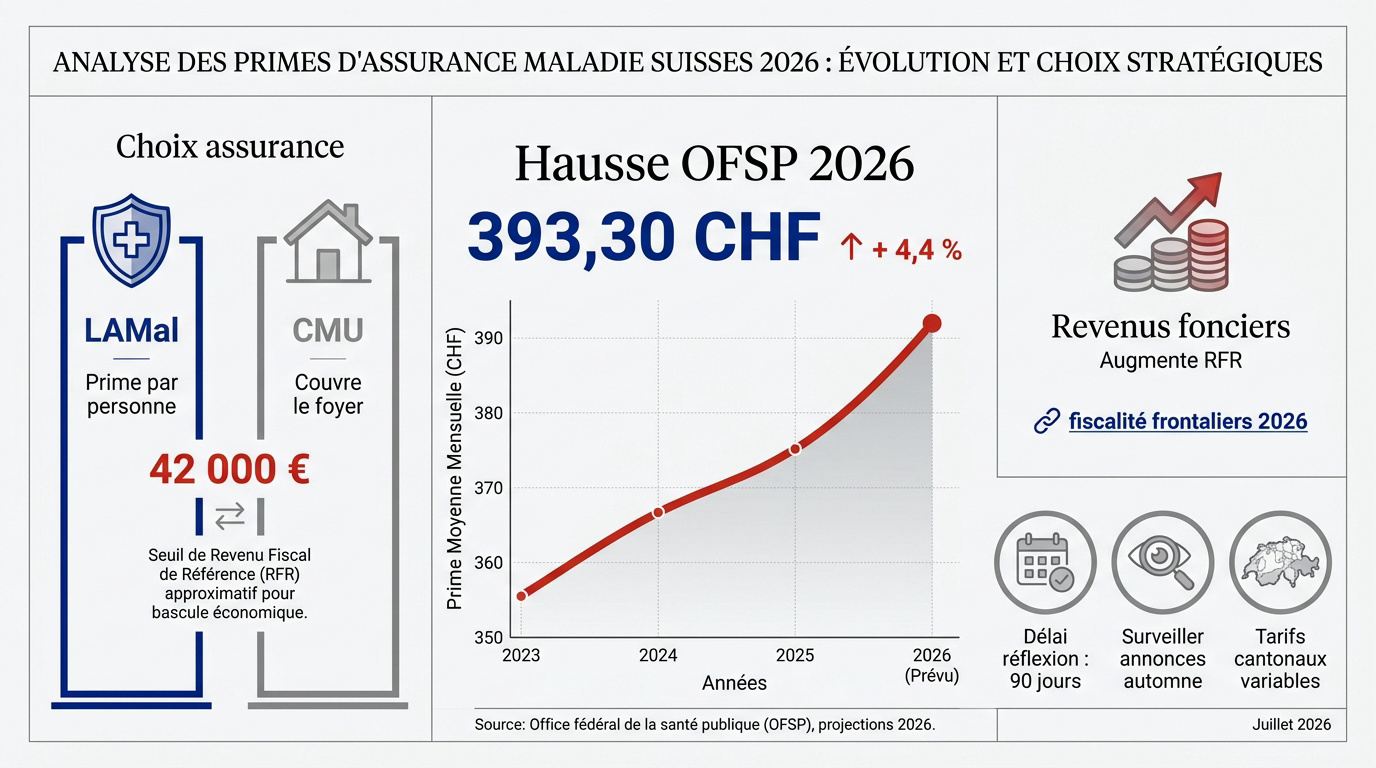 Comparaison des primes d'assurance maladie LAMal et CMU pour les frontaliers en 2026