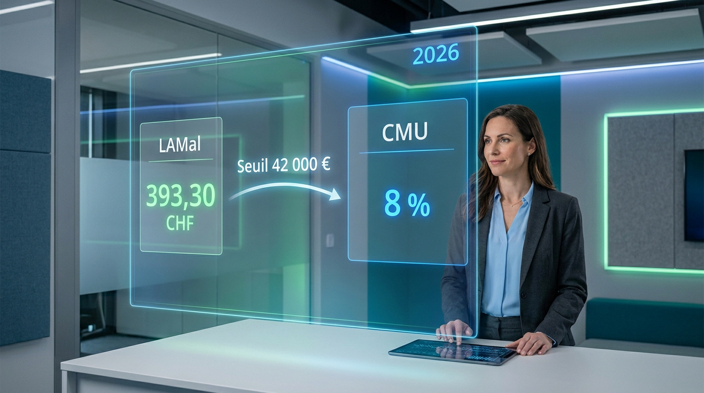 Femme d'affaires consultant un tableau de bord holographique comparant les coûts LAMal et CMU pour 2026.