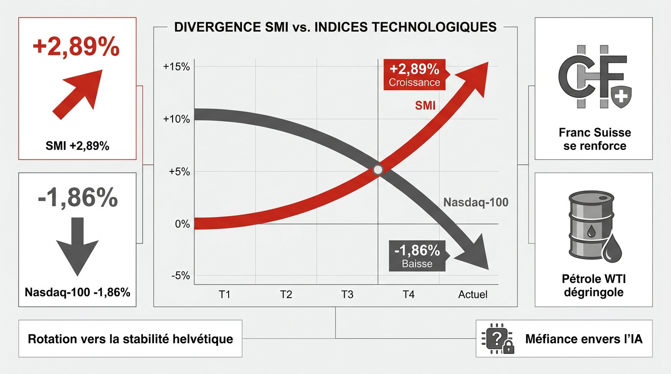 Graphique montrant la divergence de performance entre le SMI suisse et les indices technologiques mondiaux