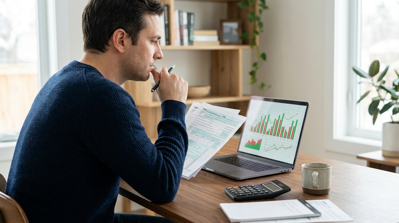 Un homme concentré consulte des documents fiscaux et un graphique financier sur son ordinateur.