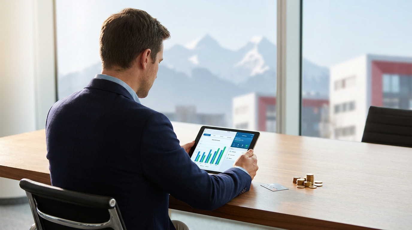 Homme d'affaires consultant des graphiques financiers sur une tablette face à des montagnes suisses.