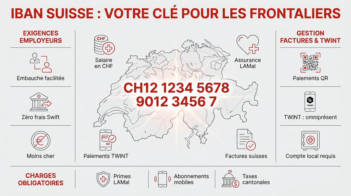 Carte bancaire et smartphone affichant un IBAN suisse pour travailleur frontalier