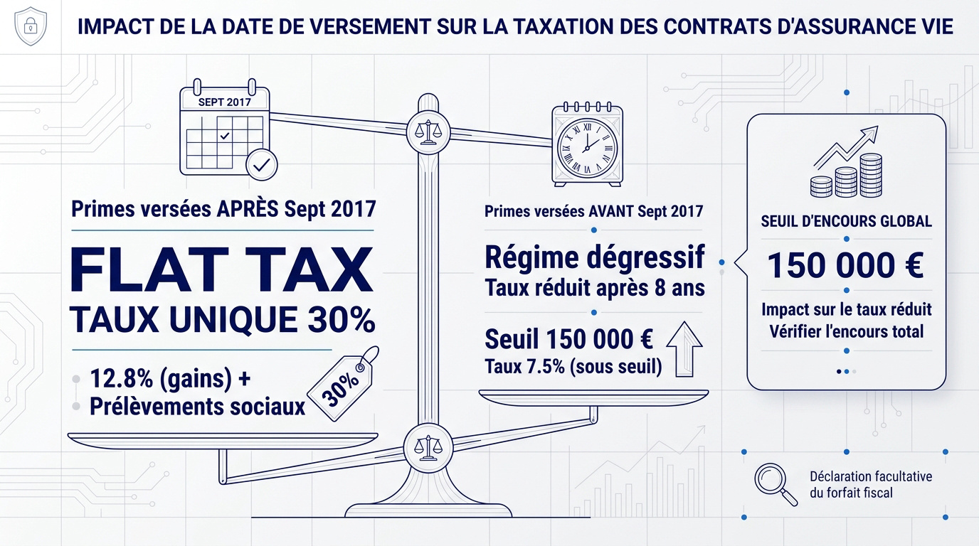 Graphique illustrant l'impact de la date de versement sur <strong>la fiscalité de l&rsquo;assurance vie</strong>« ></p>
<h3>Régime des primes versées après le 27 septembre 2017</h3>
<p>La réforme de 2017 a instauré la <strong>flat tax</strong>. Ce cadre simplifie la taxation des nouveaux versements. Il s&rsquo;applique sans distinction d&rsquo;ancienneté pour l&rsquo;impôt. C&rsquo;est une rupture avec l&rsquo;ancien système.</p>
<p>Les gains sont taxés à 12,8 %. S&rsquo;y ajoutent les prélèvements sociaux de 17,2 %. Le total atteint donc le <strong>taux global de 30 %</strong>.</p>
<p>Sachez que la flat tax s&rsquo;applique par défaut. Le contribuable peut <strong>renoncer à ce forfait</strong> lors de sa <a href=