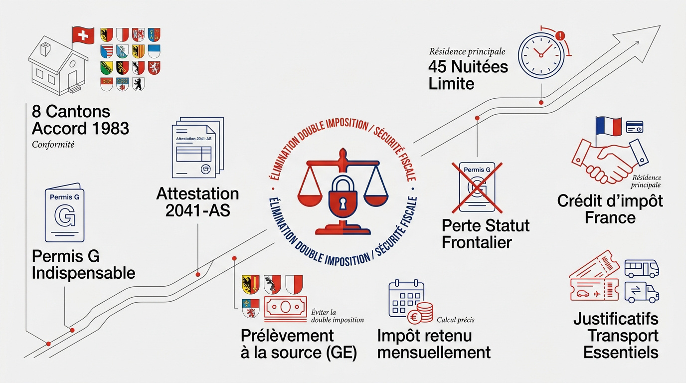 Infographie expliquant les mécanismes de la double imposition et la convention fiscale franco-suisse