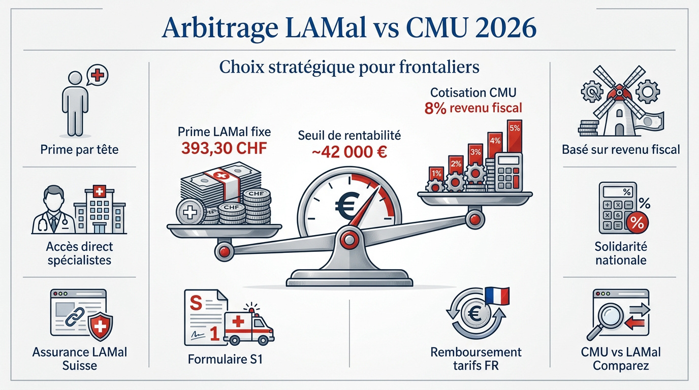 Comparaison des coûts entre l'assurance LAMal et la CMU pour les frontaliers en 2026