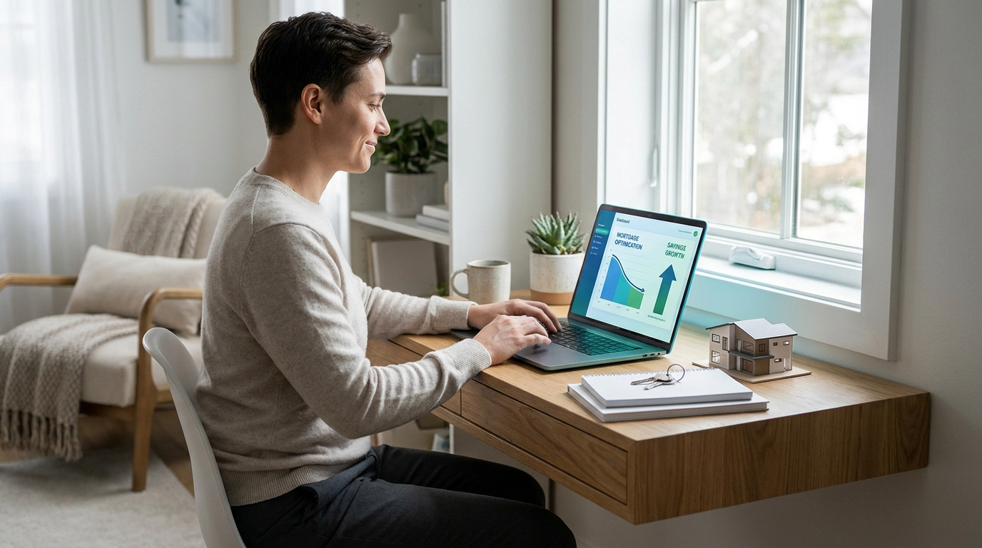 Personne travaillant sur un ordinateur portable devant un bureau avec une maquette de maison et des graphiques financiers.