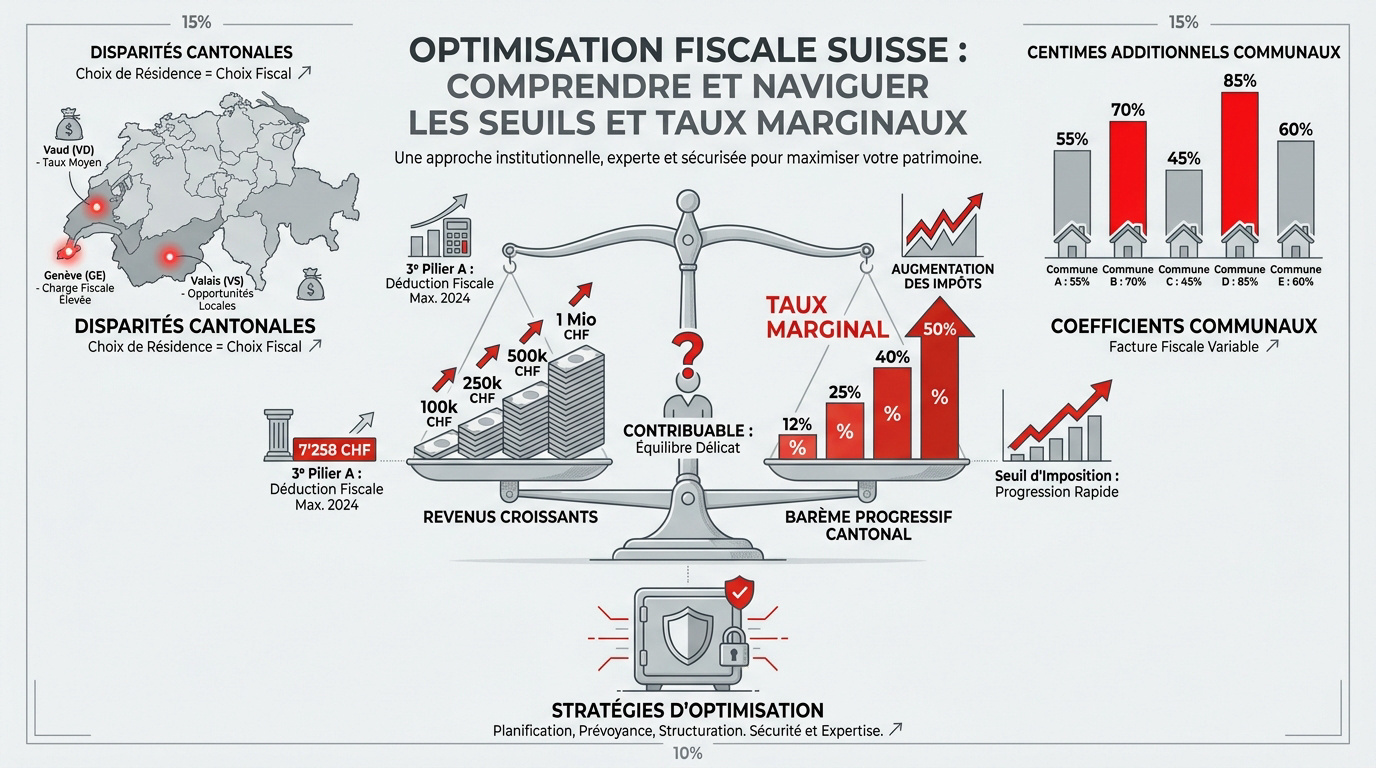 Graphique illustrant la progressivité des taux d'imposition et les seuils fiscaux en Suisse par canton