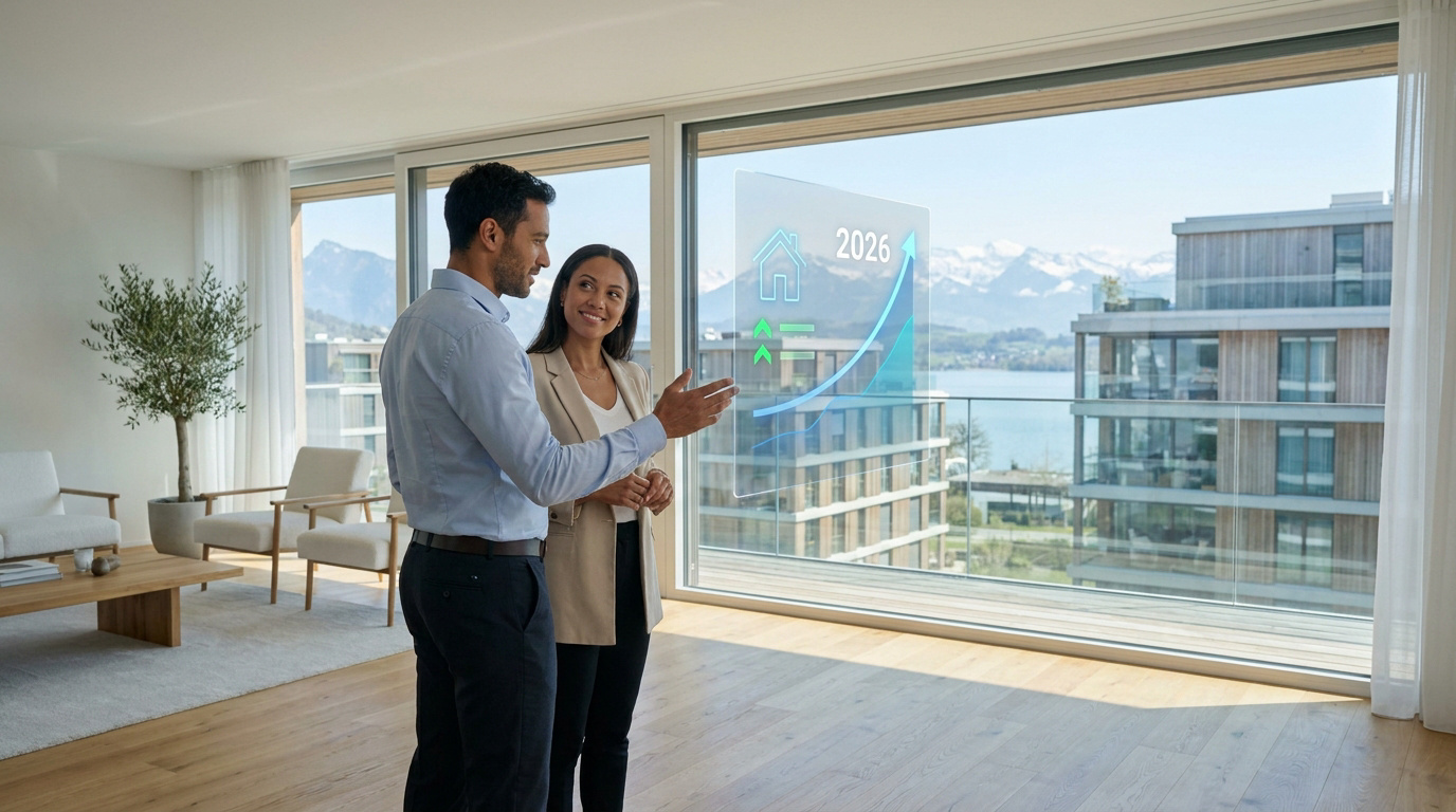 Un couple professionnel examine une interface numérique flottante affichant une courbe de croissance immobilière pour 2026.