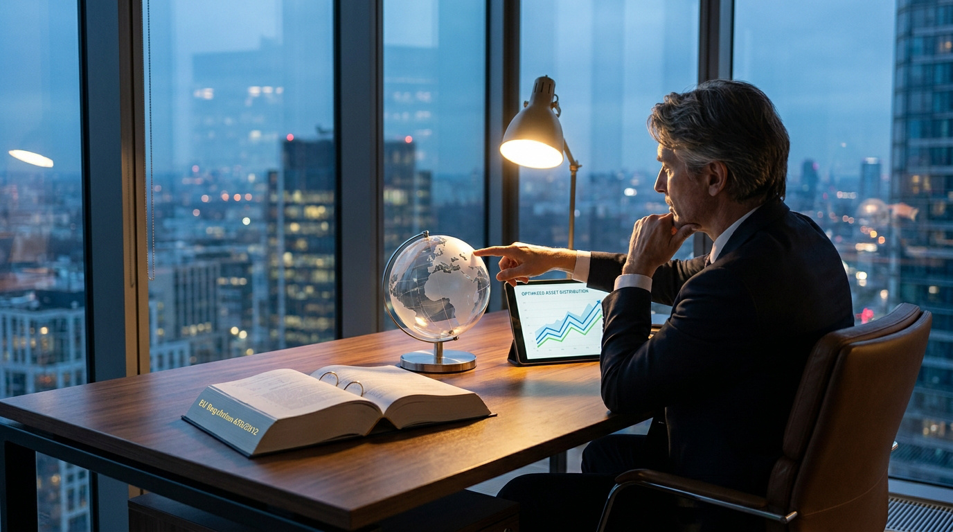 Un homme d'affaires pointe un globe terrestre sur un bureau avec un livre de droit et une tablette.