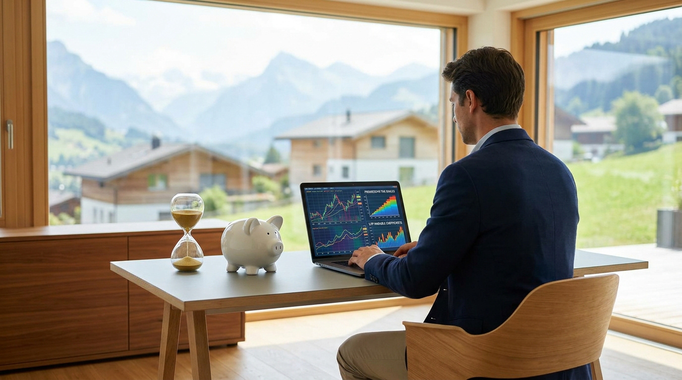 Un homme en costume travaillant sur un ordinateur avec des graphiques financiers, un sablier et une tirelire.