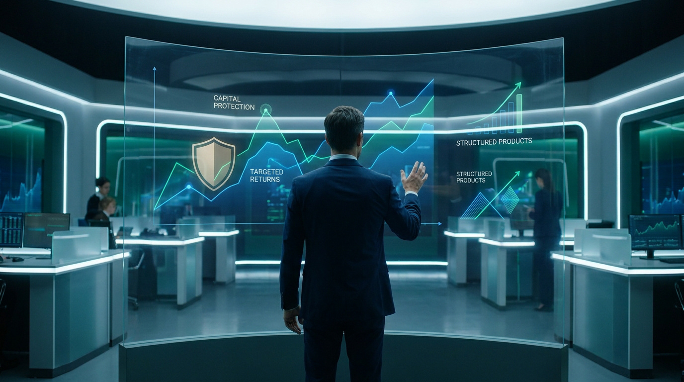 Un analyste financier examine des graphiques boursiers et des données sur une interface numérique futuriste.