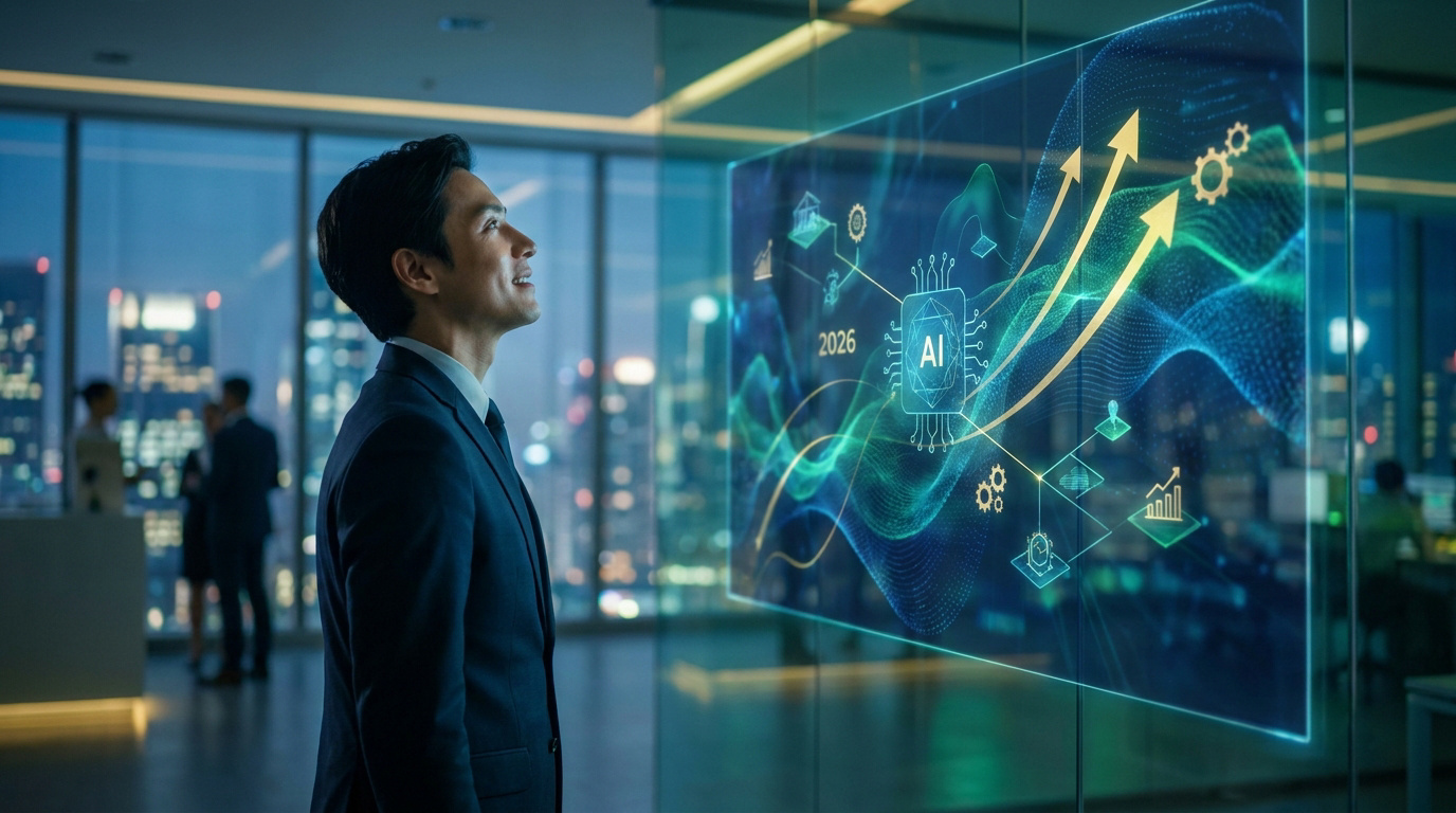 Homme d'affaires regardant un écran holographique avec des graphiques de croissance financière et le logo IA pour 2026.