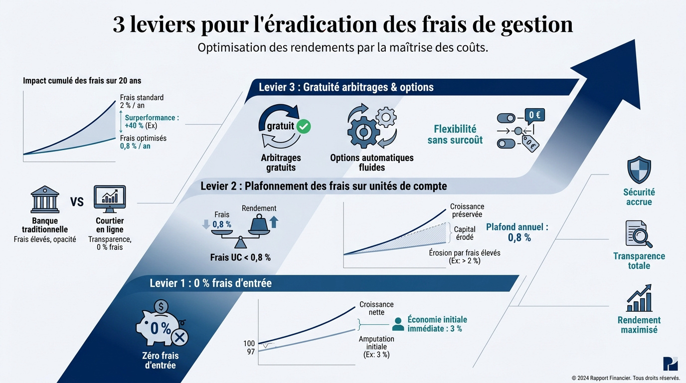 Infographie présentant les trois leviers stratégiques pour réduire les frais de gestion en assurance vie