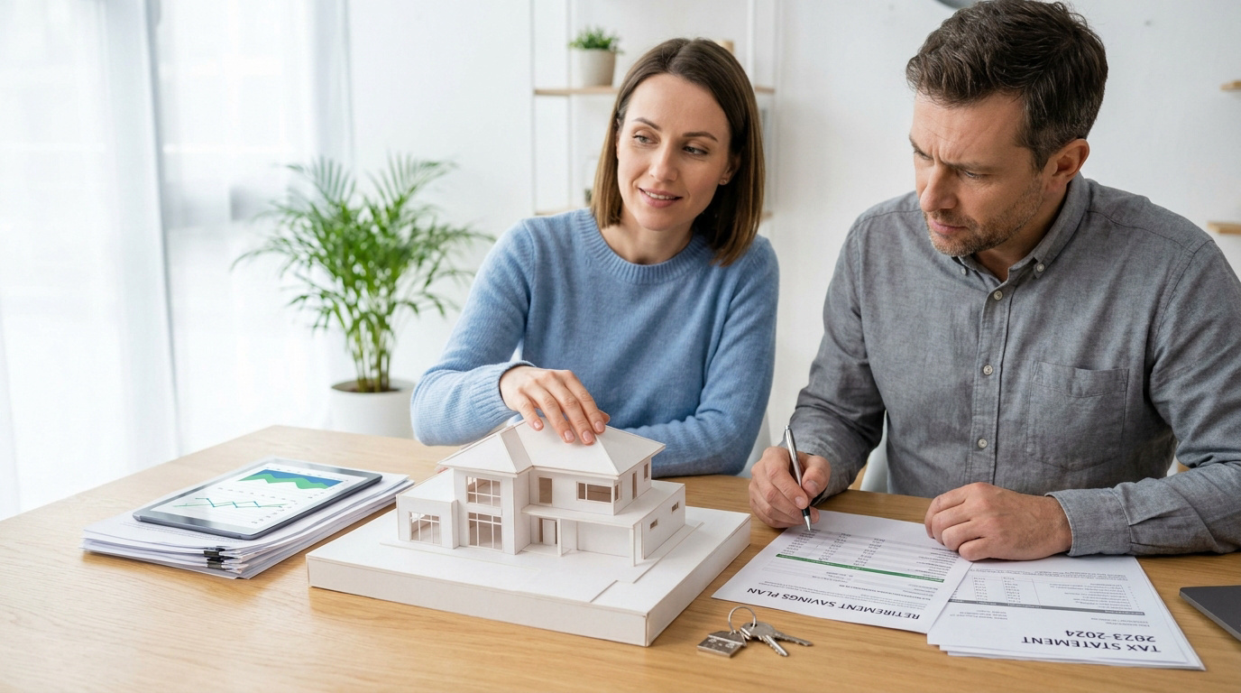 Un couple examine une maquette de maison et des documents financiers pour planifier l'achat d'une résidence principale.