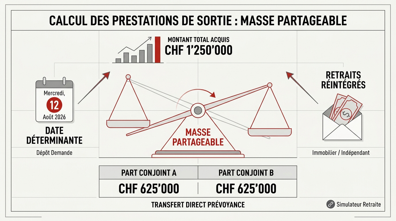 Graphique illustrant le calcul des avoirs LPP pour le partage en cas de divorce en Suisse