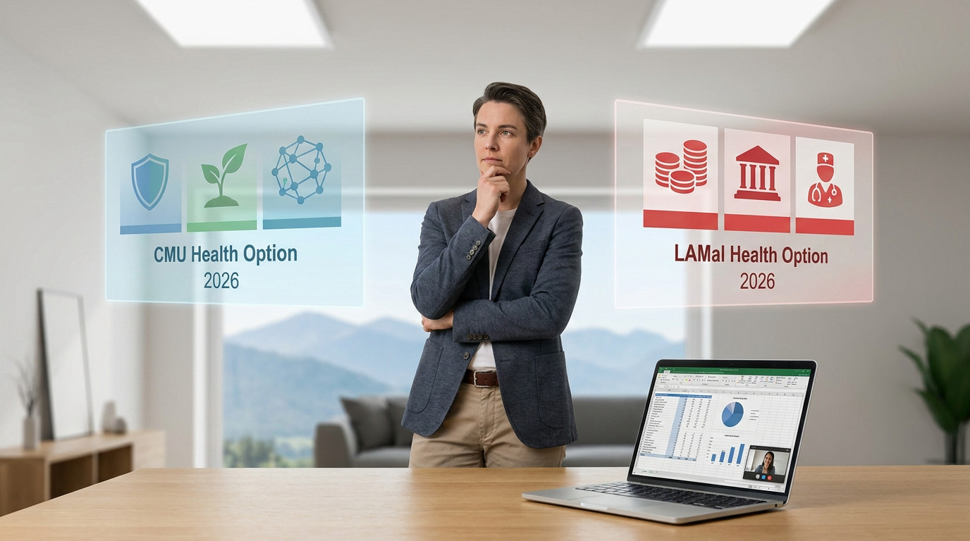 Une personne réfléchit face à deux interfaces holographiques comparant les options de santé CMU et LAMal pour 2026.