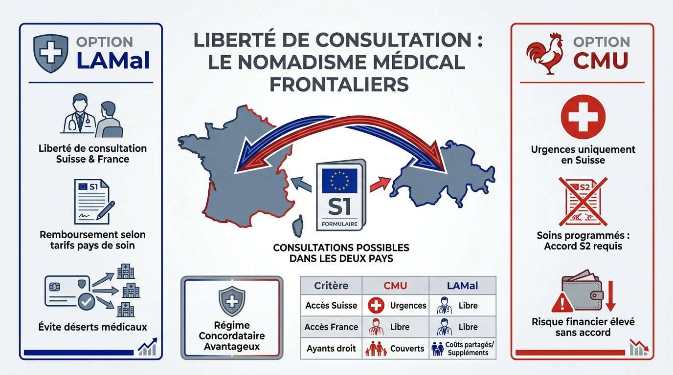 Comparatif des garanties de soins entre LAMal et CMU pour les frontaliers