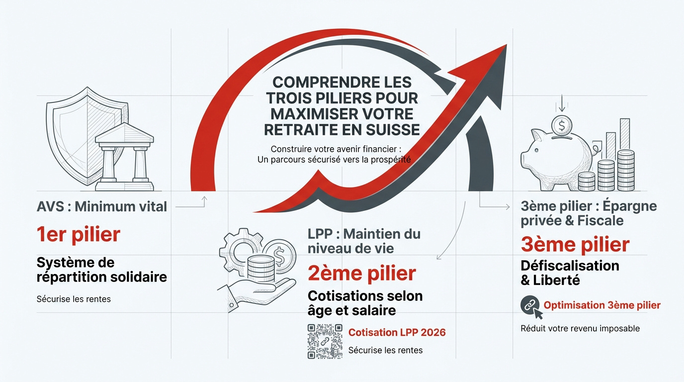Schéma explicatif des trois piliers de la prévoyance suisse pour optimiser sa retraite