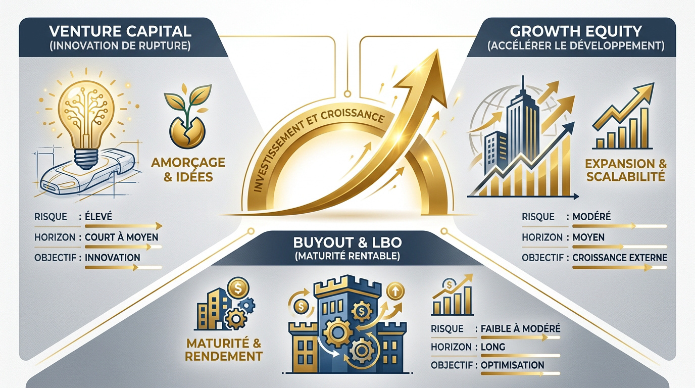 Schéma des stratégies d'investissement en Private Equity : Venture, Growth et Buyout